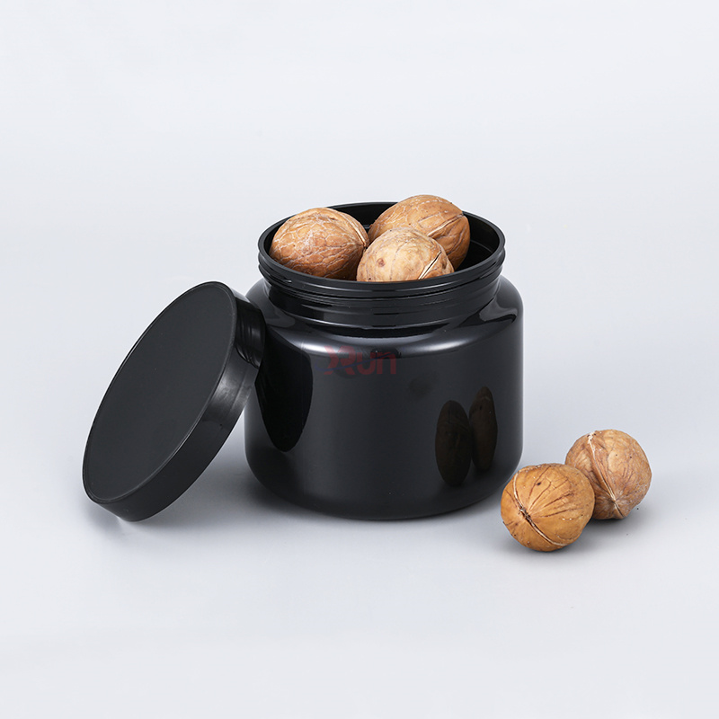 These jars for powdered medicines are designed as a black plastic jar to fit supplement packaging needs with aluminum foil seal liners.